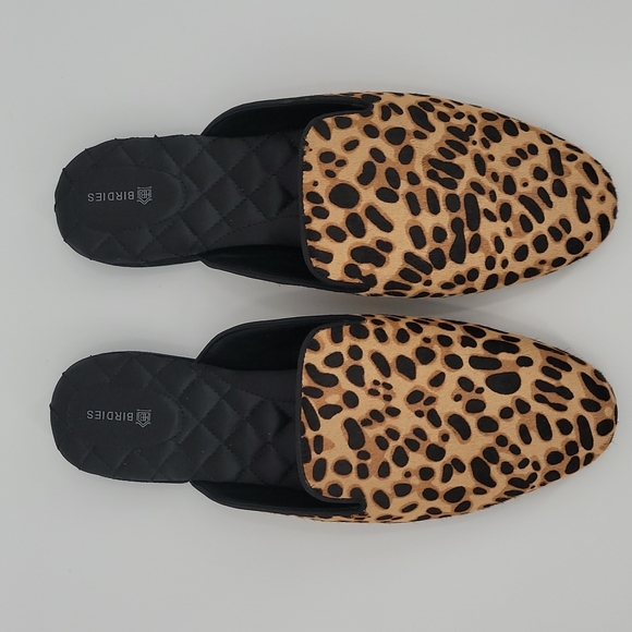 Birdies The Phoebe Loafer Mule Slide Cheetah Print Calf Fur Quilted Lining - Picture 4 of 12